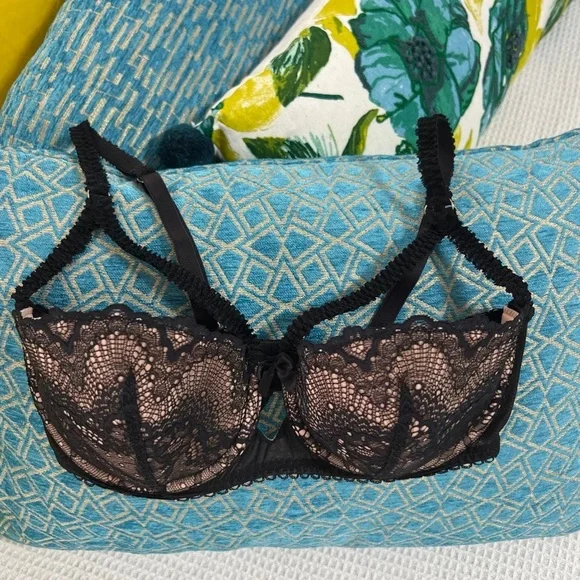 NEW Bebe Rexha x Adore Me Kimmy Push Up Balconette Bra Black Tan Nude Lace 34DDD - Picture 2 of 7